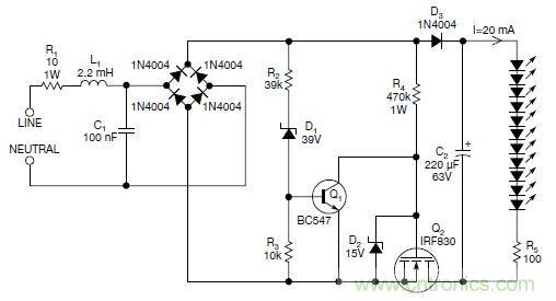 圖2：斬波工作類似圖1中的電路，但以較大的LED串聯(lián)電阻代替了恒流源，提供限流功能