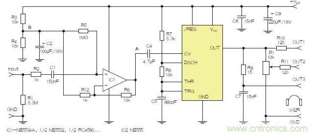 含運算放大器和NE555定時器的耳機和音頻線路驅(qū)動器。也可以使用CMOS版本(如LMC555)，但輸出電流較低。其優(yōu)點為工作頻率較高。