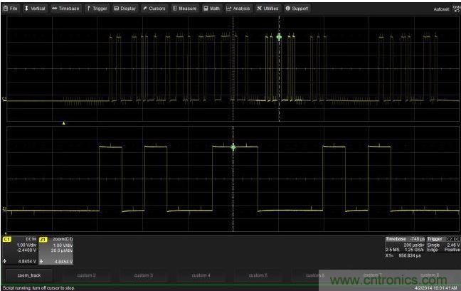 使用CustomDSO運行VB腳本&ldquo;zoom_Track.lss&rdquo;。當腳本運行時，縮放波形的中心將跟蹤水平的光標絕對位置。從圖中可以看出，光標將永遠位于縮放波形Z1的中心