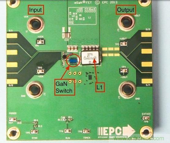 演示板用于顯示GaN的EMI。該GaN組件被圈定，我會在L1左側測量切換的波形。