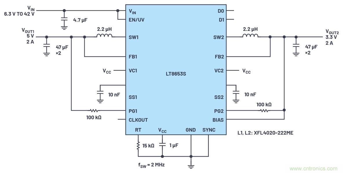 具有6.2 &micro;A靜態電流的雙通道、42 V、2 A、單片、同步降壓型Silent Switcher 2穩壓器