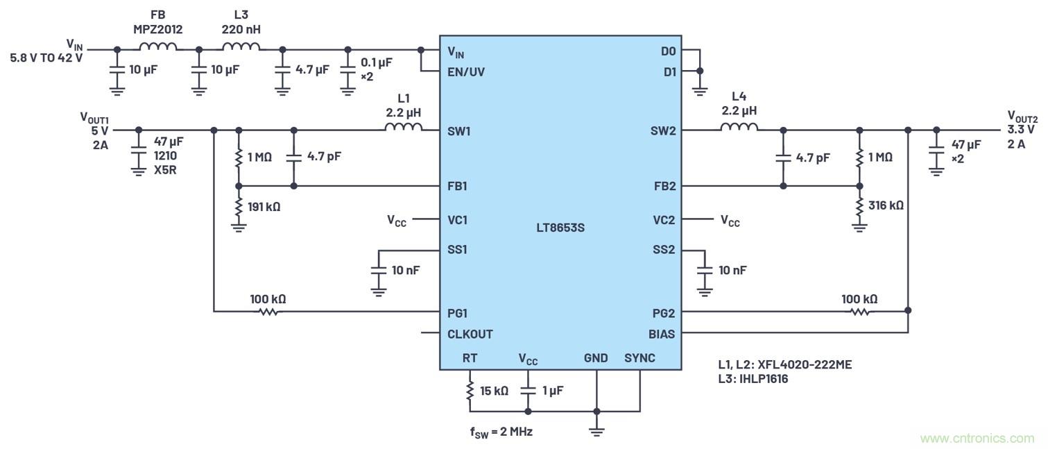 具有6.2 &micro;A靜態電流的雙通道、42 V、2 A、單片、同步降壓型Silent Switcher 2穩壓器