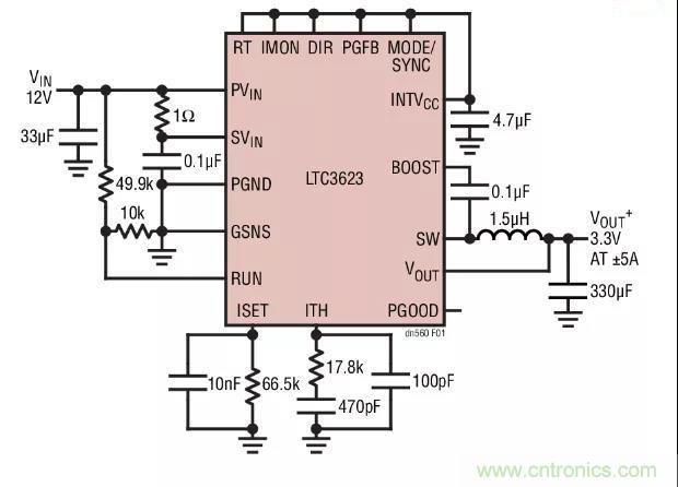 高效率、15V 軌至軌輸出同步降壓型穩壓器能提供或吸收 5A