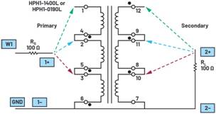   材料  ? ADALM2000主動學習模塊 ? 無焊試驗板和跳線套件 ? 一臺HPH1-1400L 6繞組變壓器 ? 一臺HPH1-0190L 6繞組變壓器 ? 兩個100 Ω電阻  說明  在無焊試驗板上構(gòu)建圖2所示的電路。需要使用此設(shè)置來測量初級/次級匝數(shù)比為1:1的三種不同配置下，兩個變壓器型號各自的頻率響應。兩個紅色箭頭表示在初級和次級使用同一個線圈的配置中連接源電阻和負載電阻的位置。藍色箭頭對應的是在初級和次級使用兩個串聯(lián)線圈的配置。綠色箭頭對應的是在初級和次級使用三個串聯(lián)線圈的配置。
